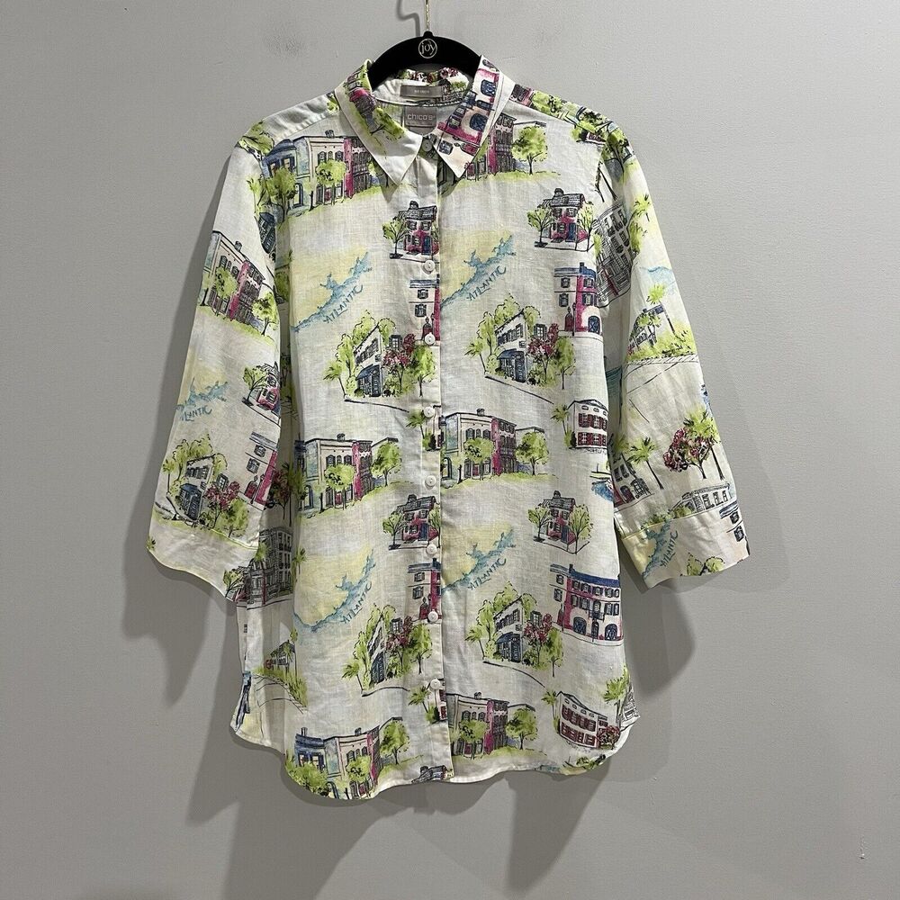 Chico’s No Iron‎ Linen Southern Charm Print Tunic Size 4/5 Women’s Top